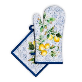 Maison d' Hermine Oven Mitt + Pot Holder 100% Cotton Heat Resistant Kitchen Oven Gloves (7.5"x13") & Hot Pads (8"x8"), Chef, Women & Men, Wedding use, Citrus - Spring/Summer
