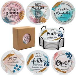 Christian Coasters with Bible Verses for Drinks,6Pcs Christian Stone and Cork Coaster Set with Holder for Coffee Table,Christian Coasters Gifts for Women,Thirstystone Home Decor(Watercolor)