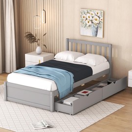 Harper & Bright Designs Twin Bed Frame with Storage Drawers,Wood Twin Beds with Drawers Underneath, Kids Twin Platform Bed with Headboard, No Box Spring Needed, Grey
