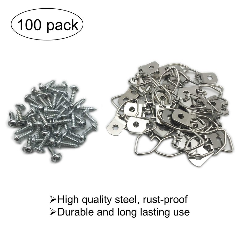 100 Pack Small D-Ring Steel Picture Hangers with Screws Picture