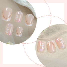 White French Tip Press on Nails Spring Flower False Nails with Gold Powder Design Glue on Nails Short Square Stick on Nails Glossy Acrylic Fake Nails Full Cover Artificial Nails Kit for Women Girls