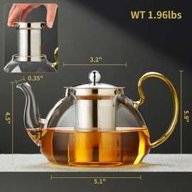 Large Glass Teapot with Stainless Infuser, Stovetop Safe, Thickened Heat-Resistant Borosilicate Glass, 46 fl oz