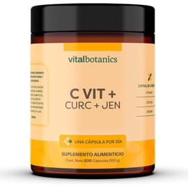 Vitamina C, Naranja, Curcuma y Jengibre. 200 capsulas de 500mg (Más de 6 meses). VitalBotanics. Multivitaminico, Suplementos Alimenticios. Vitaminas para Mujer y para Hombre
