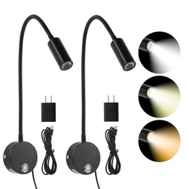 FORHIZHOM Reading Light for Bed, Wall Mounted Reading Lights with 15" Flexible Gooseneck, Touch Control, 3 Colors Temperature and Stepless Dimmable, Plug in Headboard Book Light(2 Pack)