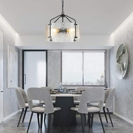 Juhoural 4 Light Glass Drum Chandelier, 18'' Rustic Dining Room Light Fixtures Over Table, Farmhouse Round Black Chandelier for Dining Room Hallway, Waterglass