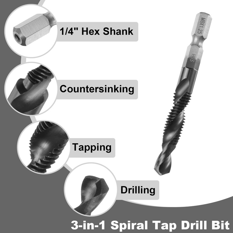 sourcing map Combination Drill and Tap Bit, Metric M8 x