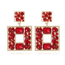 ATIMIGO Trendy Red Rhinestone Square Dangle Earrings Sparkly Crystal Geometric Drop Statement Earrings hypoallergenic for Women