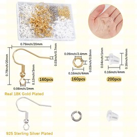 SOFPLATE 1 Box 160 Sets Fishhook Earring Hooks French Earring Wires with Earring Backs Real 18K Gold 925 Sterling Silver Stainless Steel Dangle Fish Hook Ear Findings for Jewellery Making DIY Crafting