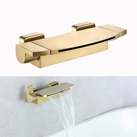 Waterfall Tub Faucet Wall Mount Tub Filler Brushed Gold, Bathtub Wall Faucets Brass, Bathroom Sink Faucet High Flow, 2 Handles, Wide Spout, Standard US 1/2 NPT - JIAENLEMA