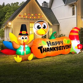 KOOY 8FT Inflatable Turkey gnome,Thanksgiving Banner Inflatables Outdoor Decorations with Colorful Tail LED Lights,Blow Up Yard Decorations for Holiday Outdoor,Fall Garden,Lawn Décor Autumn Harvest