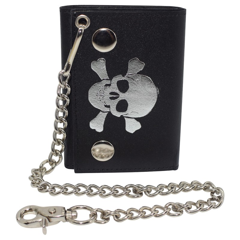 Mens Wallets Black Trifold RFID Protection Real Leather Skull Biker