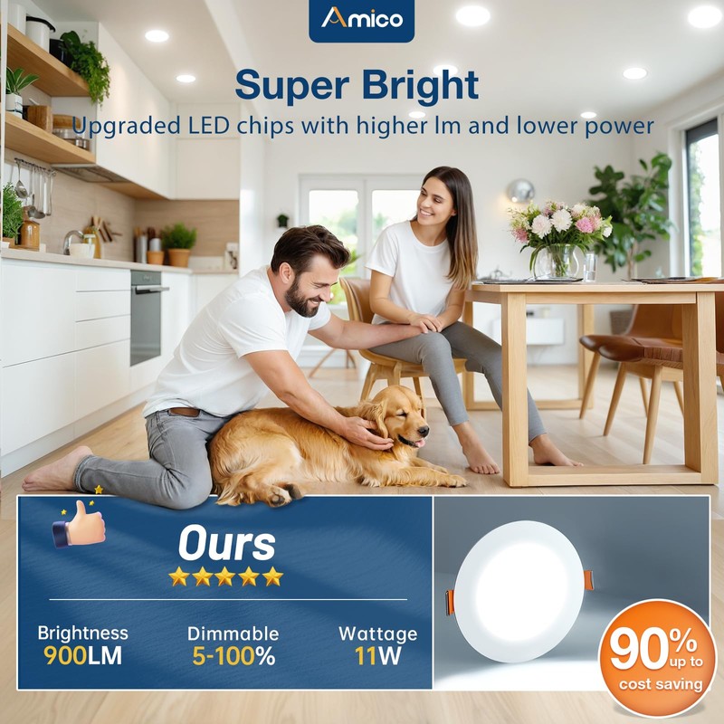 Amico 12 Pack 5 Inch 5CCT Ultra-Thin LED Recessed Can/Ceiling