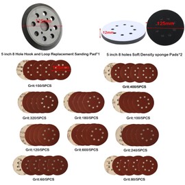 5 Inch Random Orbital Sander Replacement Pad, Replacement Compatible with Ridgid R2501 R2600 R2601 R2611 R8606 with 8 Hole Hook Loop Foam & Sanding Backing Pads Sanding Discs