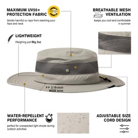 Summer Mesh Bucket Sun Hats for Men Big Head Wide Brim Boonie Safari Waterproof Beach UPF50+ Fishing Hiking Light Grey X-Large XX-Large XL XXL