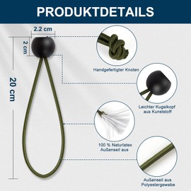 TaoTazon Bungee Bands with Ball Pack of 50, Tarpaulin Tensioners with Ball 20 cm, Rubber Tensioner, Tent Elastics Expander Loops, Rubber Loops for Tarpaulins, Tents, Banners, Net, Gazebos