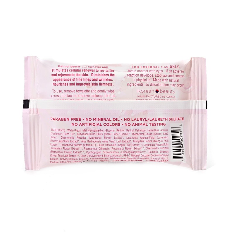 Earth Therapeutics Retinol Cleansing Facial Towelettes - Travel Size -