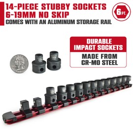 CROM Stubby Impact Socket Set - 14-Piece 3/8" Drive Metric 6-19mm Low Profile Socket Set, CR-MO Steel Nano Shallow Impact, Includes Aluminum Storage Rail (Metric 14 Piece)