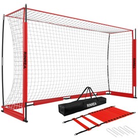 RINREA Portable Soccer Goal 12x6Ft, Collapsible Soccer Goal Net Metal Base, Quick Setup Soccer Training Equipment with 1 Carry Bag, 1 Agility Ladder, 4 Ground Nails (Red)