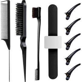 9PCS Hair Brush Set for Girls, Hair and Double-Sided Edge Brush, Detangling Hair Brush & Rat-Tail Comb, Clip, Magnetic Slap Bracelet, for Hairdressers, Women, Babies, & Children (Black)