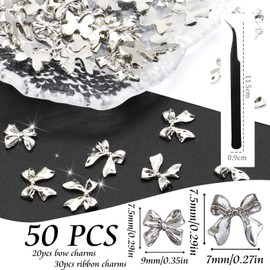 Nayyana 50 Pieces Bow Nail Charms, 3D Silver Nail Charms, 2 Kinds of Alloy Bands, Bow Nail Arch Charms, Nail Rhinestones for Nail Art, DIY Crafts, Decoration