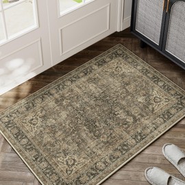 WondRg 2x3 Washable Area Rug for Entryway Non-Slip Brown Vintage Carpet Low Pile Soft Thin Tapis Salon Distressed Traditional Vacuumable Lightweight Small Door Mat for Entrance Kitchen Bathroom Indoor