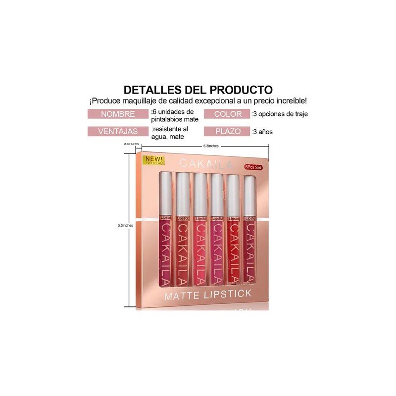 Gloss Labial Mate 6pcs Larga Duración Pigmentación Intensa