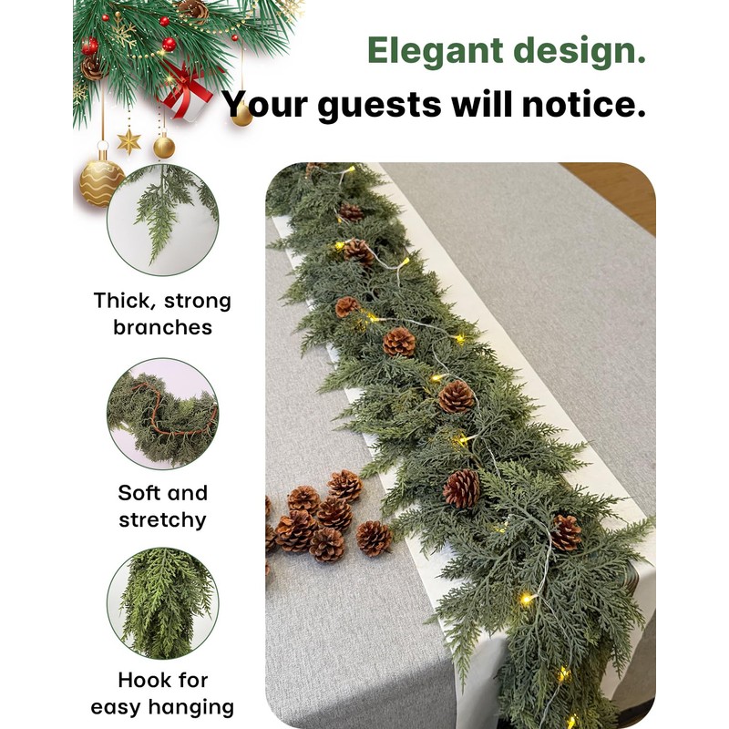 2Pcs 9FT Christmas Cedar Garland, Thick Faux Pine for Mantle