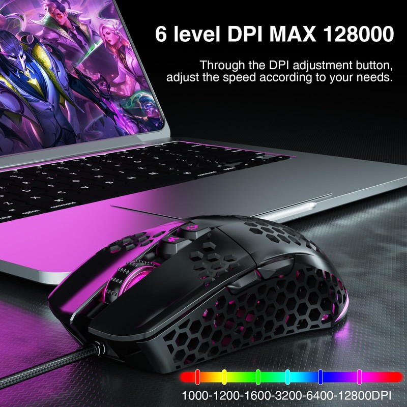 SOLAKAKA RGB Wired Gaming Mouse with Honeycomb Shell,Adjustable 12800 DPI,7