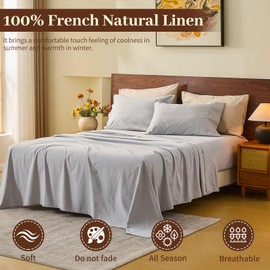 MEISHANG 100% Linen Sheets Queen Size - 4 Piece Breathable Sheet Set, Ultra-Soft Durable Flax Linen, Naturally Cooling & Moisture Wicking with 16" Deep Pocket (Silver Grey)