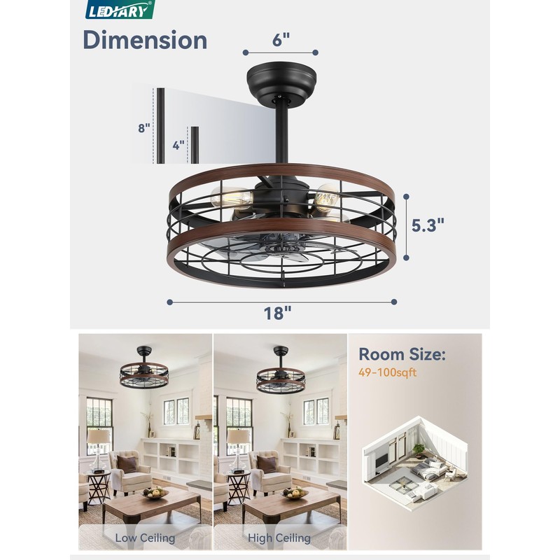 LEDIARY 18 inch Black Caged Ceiling Fan with Light, Bladeless