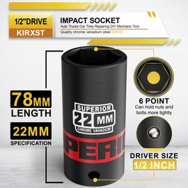 KIRXST 1/2" Drive 22mm Deep Impact Socket, 6 Point CR-V Deep Socket, 78mm Length, Auto Trucks Car Tires Repairing DIY Mechanic Tool
