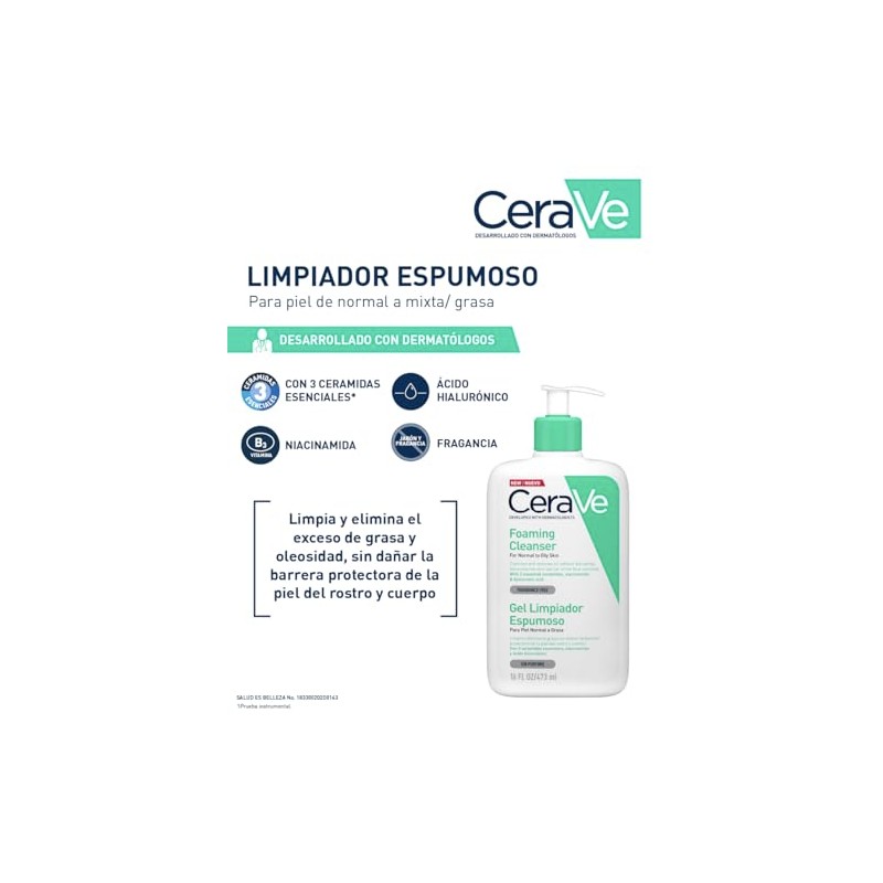 Cerave Gel Limpiador Espumoso Piel Normal Grasa Ceramidas Esenciales Niacinamida