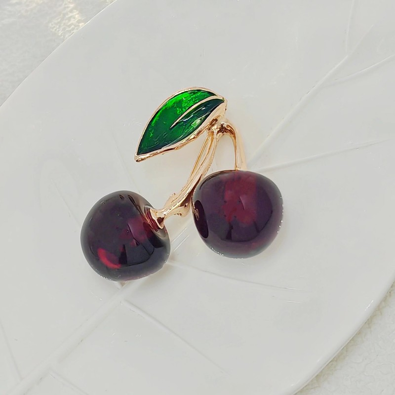 KINMOT Sweet Enamel Green Leaf Double Red Cherry Resin Brooch