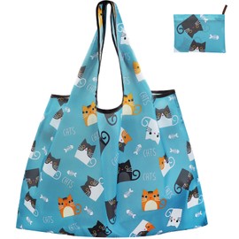 FenFang Large Foldable Shopping Bag, Fabric, Reusable, Reusable Bag, Environmentally Friendly, Foldable Bag, Lightweight, Quick-Drying for Shopping, Travel, Trip, 56 x 67 cm, Blue cat