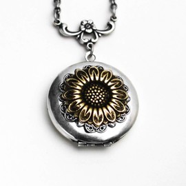 Golden Sunflower Locket Necklace That Holds Pictures - 1 Inch Round with 20 Inch Chain