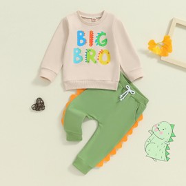 Zukmuk Big Brother Little Brother Matching Outfit Baby Boy Dinosaur Big Bro/Lil Bro Letter Print Crewneck Sweatshirt Long Pants Baby Matching Outfits (Apricot Big, 3-4 Years)