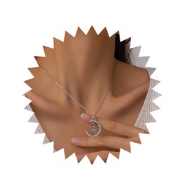 Cybche Boho Crystal Moon Pendant Necklace Rhinestone Moon Necklace Silver CZ Moon Choker Necklace Moon CZ Necklace Celestial Moon Chain Necklace Jewellery for Women, Zinc