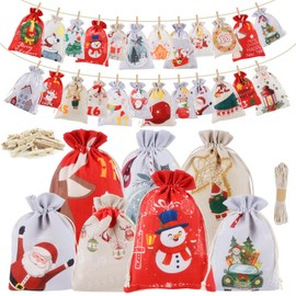 YSWOVUO Advent Calendar for Filling, Fabric 2024, 24 Christmas Calendars for Filling, Advent Calendar Bags for Filling with Wooden Pegs and 10 m String