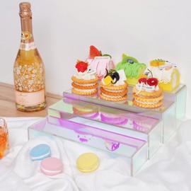 NiHome 4 Tier 11" Iridescent Clear Acrylic Stands for Display - Iridescent Shelves, Acrylic Risers for Displaying Collectibles, Cupcakes, Perfume, Desserts, Plants and More, Iridescent Decor