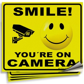 iSYFIX Smile You're On Camera Reflective Stickers for Home - 4 Pack 7x6 Inch - UV, Weather, Scratch, Fade Resistance, Security Camera Sign for Home, Business, CCTV
