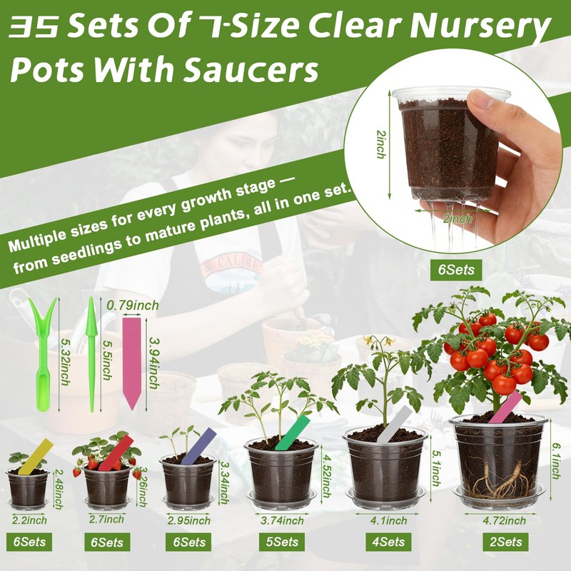 30Pcs Clear Plastic Nursery Pots with Drainage Holes and Saucers,