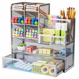 Marbrasse Mesh Desk Organiser, Multifunctional Pen Holder with Drawer, Storage Shelf for School, Home, Office, Supplies (Silver)