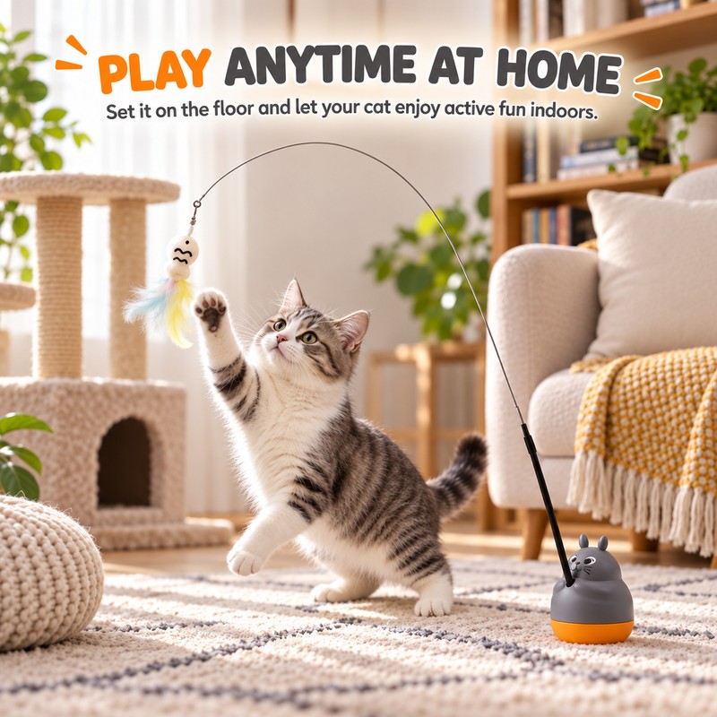 Rotating Base Cat Teaser Wand for Indoor Play – Long