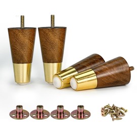 Aiminjey 4 Inch Wooden Furniture Legs with Gold Cap Set of 4 Dark Brown Sofa Replacement Solid Wood Furniture Feet for Armchair Couch Cabinet Dresser Ottoman TV Stand Bed Legs (4inch)