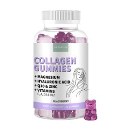Marine Collagen Gummies with Hyaluronic Acid, Magnesium, Coenzyme Q10, Zinc & Vitamins - Pure Hydrolyzed Collagen Peptides for Skin, Hair, Joints & Bones (Type I) - BlackBerry Flavour, 60 Gummies
