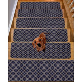 LBCASA Stair Treads Non Slip Indoor for Wooden Steps, Navy Blue Geometric 15 Pcs Stair Mats for Kids Elders Dogs, 8 x 30 In Brown Modern Abstract Art Aesthetics Carpet Treads Runner Rugs for Staircase