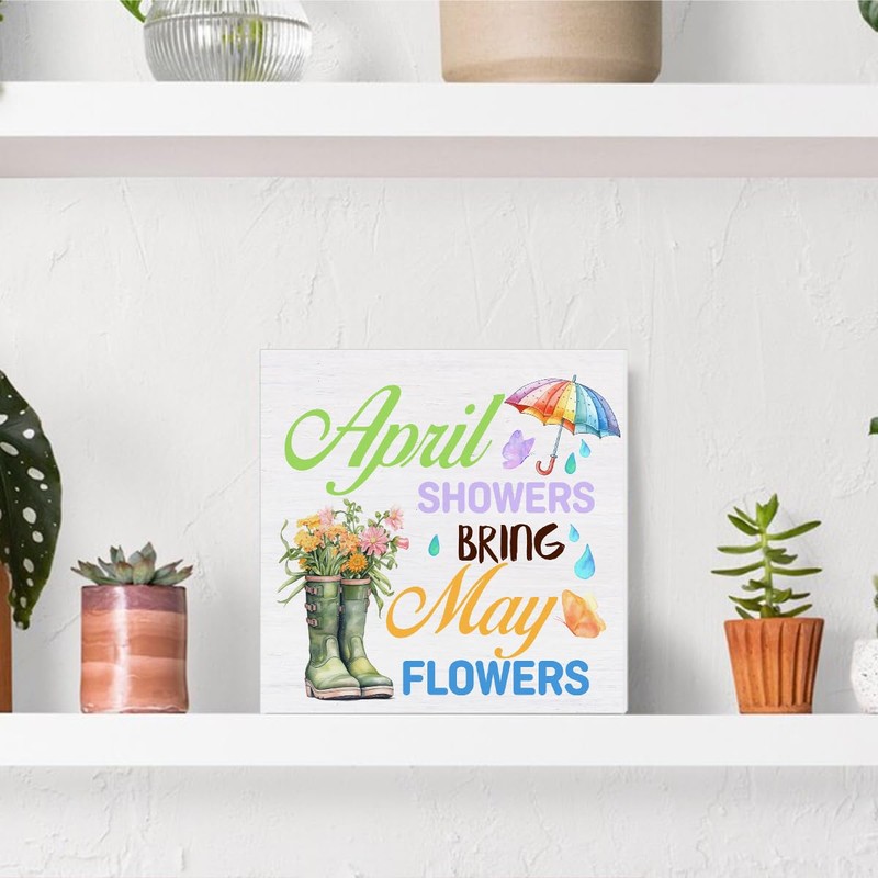 Spring Decor Farmhouse April Showers Bring May Flowers Wood Sign