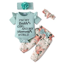 SUNNY PIGGY Newborn Baby Girl Clothes Ruffle Short Sleeve Romper Clothes Baby Girls’ Clothing Floral Cotton Pant Sets 0-3 Months Girl Outfits Green