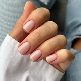 Press On Nails Solid Dark Color Fake Nails, Short Square Medium Shape, Stick on Nails，Glue on Nails Short Coffin False Nails on 24PCS (Nude)