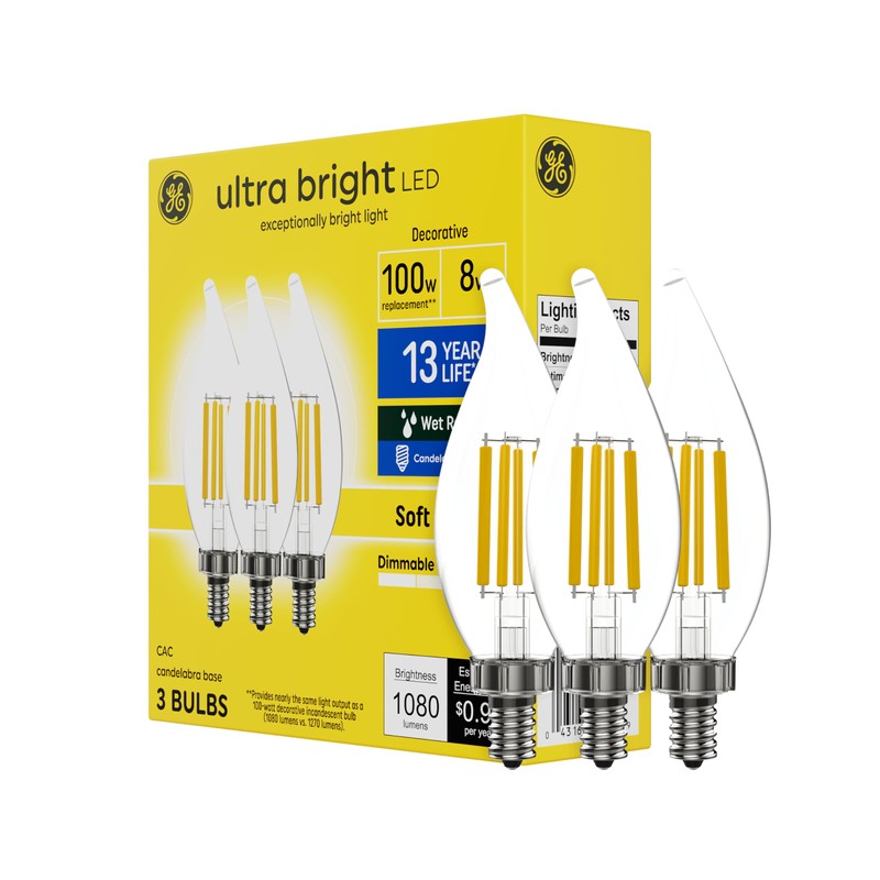 GE Ultra Bright LED Light Bulbs, 100W, Soft White Candle